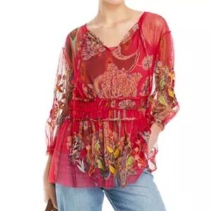 Johnny Was Feather Lark Floral Tieneck Blouse L NWT